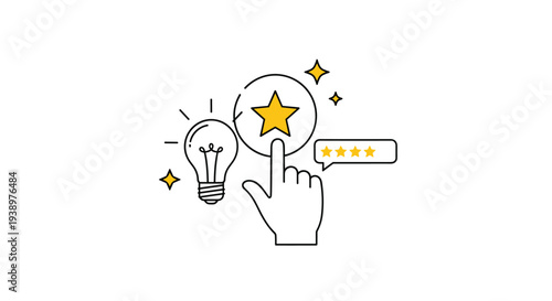 Creative idea and customer satisfaction concept featuring a lightbulb icon and a hand selecting a five gold star rating.