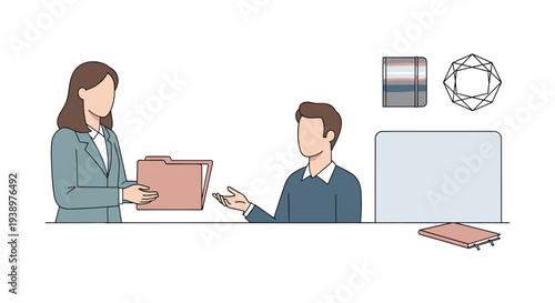 A businesswoman in a professional suit hands a document folder to a male colleague sitting at a desk in a simple line art illustration.