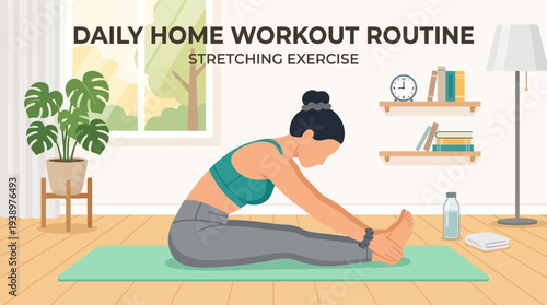 Woman doing daily stretching exercises at home on yoga mat