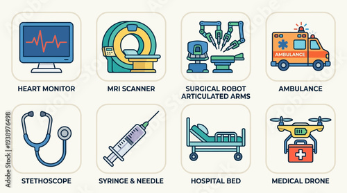 Medical technology vector illustration set including heart monitor, MRI scanner, surgical robot, ambulance, stethoscope, syringe, hospital bed, and medical drone in flat minimal healthcare design