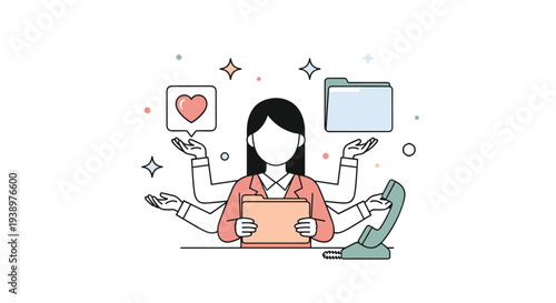 A multitasking businesswoman with six arms efficiently handles a phone, files, and social media notifications at her office desk.