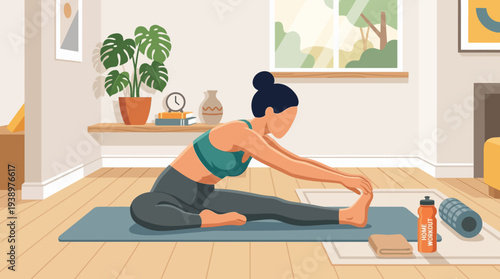 Woman stretching on yoga mat in modern home workout space