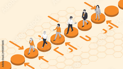 People walking along a path of orange circles with directional arrows