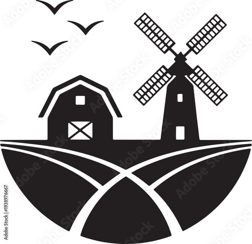 Farm landscape with windmill and barn over tilled agricultural fields with flying birds silhouette vector illustration