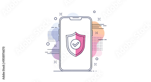 Mobile phone security and data protection illustration featuring a pink shield with a white checkmark on a white screen.
