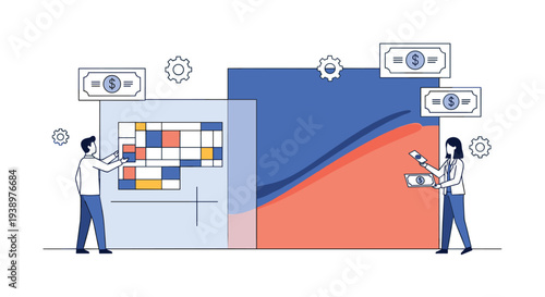 A man and a woman in a minimalist illustration analyze financial data, with the man interacting with a colorful chart and the woman handling currency notes.