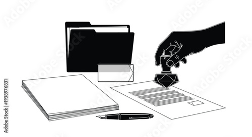 A black and white silhouette illustration of a hand stamping an official document on a desk with a folder, a stack of papers, and a fountain pen.