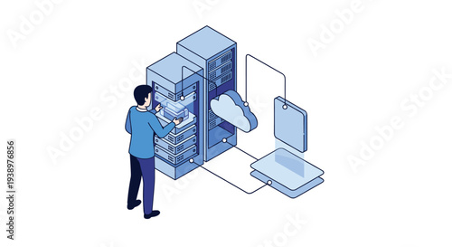 A male IT specialist manages data on a server rack connected to cloud computing services and digital interfaces in a minimalist isometric illustration.
