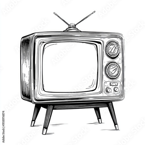 Vintage television with antenna and rotary dials on angled legs