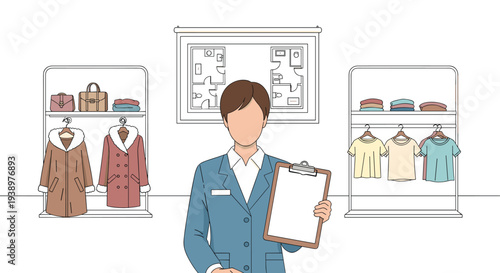 A female store manager holding a clipboard stands in a boutique with clothing racks and a floor plan on the wall in a clean line art illustration.