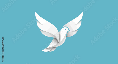 Stylized white dove flying on a blue background, symbolizing peace, freedom, and spirituality. Modern abstract bird design.