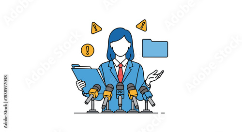 A female spokesperson at a press conference podium with microphones addresses a crisis, indicated by warning icons surrounding her.