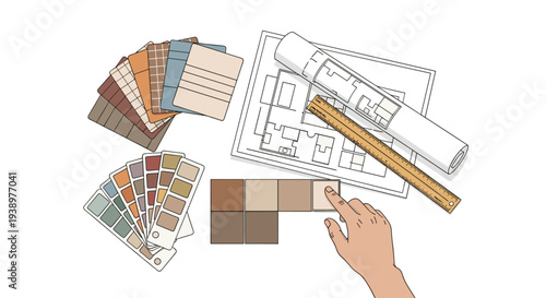 An interior designer selects color swatches from a palette while working on a project with blueprints, fabric samples, and a ruler on a desk.