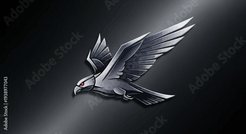 Sleek metallic flying hawk emblem with red eyes on dark background, powerful stylized falcon icon, predatory bird symbol