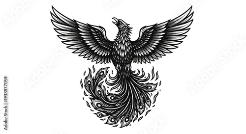 Intricate Black and White Phoenix Bird Illustration Rising from Fire, Majestic Mythical Creature with Detailed Wings, Symbol of Rebirth