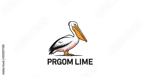 Stylized pelican bird illustration standing. Cartoon-style aquatic seabird with orange beak and white feathers on a clean white background.