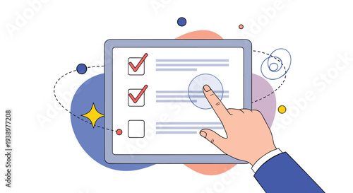 User completing a digital survey or questionnaire on a tablet with checkmarks and interactive touch screen elements.