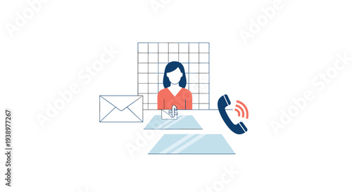 A minimalist illustration shows a female office worker at her desk with icons for email and a ringing phone, set against a white background.