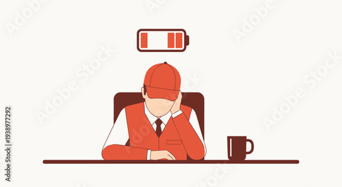 A tired, faceless man in a red cap sits slumped at his desk with a low battery icon floating above his head, indicating burnout.