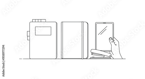 A minimalist black and white line drawing shows a collection of office supplies including a binder, notebook, stapler, and a hand holding a smartphone.