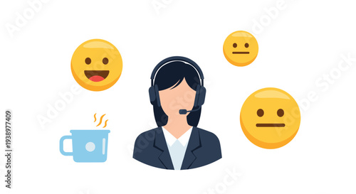 A customer service representative avatar with a headset is illustrated alongside a steaming mug and various emoji faces, depicting a range of customer emotions on a white background.
