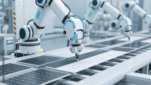 Robotic arms assembling solar panels in a modern manufacturing facility