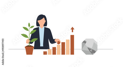 A businesswoman illustration shows her nurturing a growing plant and touching a rising bar chart, with a geometric rock nearby, illustrating business growth and stability on a white background.