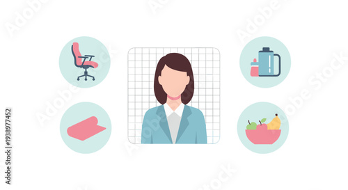A flat design illustration shows a central female avatar surrounded by icons for office work, exercise, healthy eating, and hydration, all set against a plain white background.