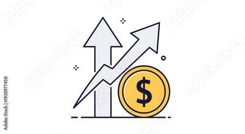 Financial growth and profit illustration featuring upward pointing arrows and a large gold dollar currency coin symbol.
