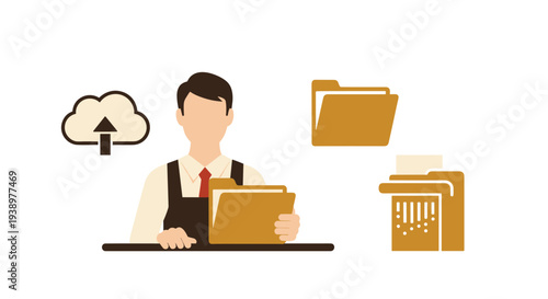 An office worker illustration manages documents, with icons for cloud upload, file storage, and paper shredding for data security, all displayed on a plain white background.
