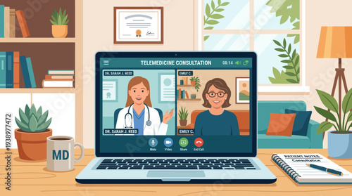 Online doctor consultation on laptop in home office setting