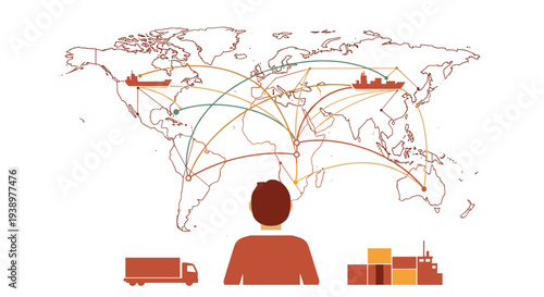 An illustration shows a person viewing a global logistics network on a world map, with ships, trucks, and interconnected trade routes displayed on a clean white background.