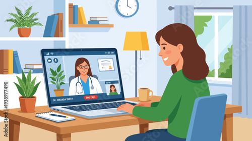 Woman engaged in online consultation with doctor on laptop