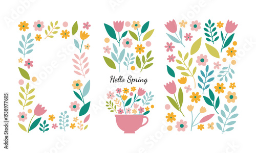 Decorative Spring Flowers Flat Vector Botanical Illustration.