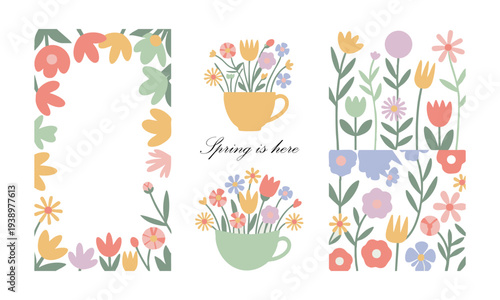 Spring Garden Flowers Decorative Flat Vector Illustration.