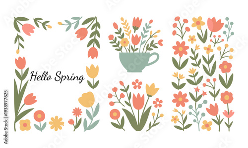 Spring Floral Greeting Card Design Flat Vector Illustration.