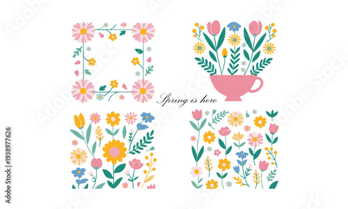Spring Botanical Floral Arrangement Flat Vector Illustration.