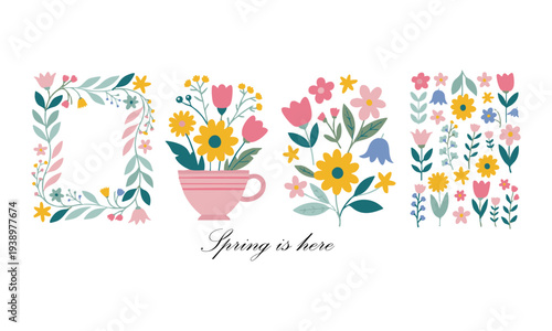 Spring Flower Bouquet In Cup Flat Vector Floral Illustration.