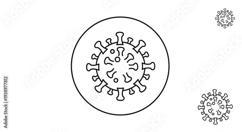 Microscopic view illustration of a virus or bacteria cell in a circular frame in minimalist black and white line art.