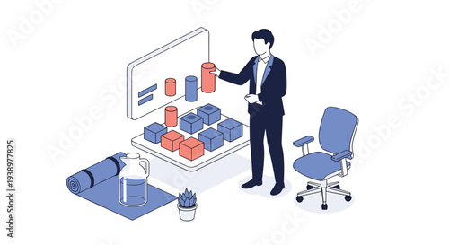 An isometric illustration of a businessman analyzing data on a holographic chart, balancing work with wellness items