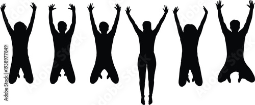 Seven people jumping in the air with their arms raised in celebration