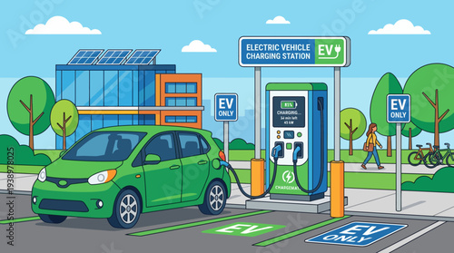 Electric vehicle charging at modern station with green car