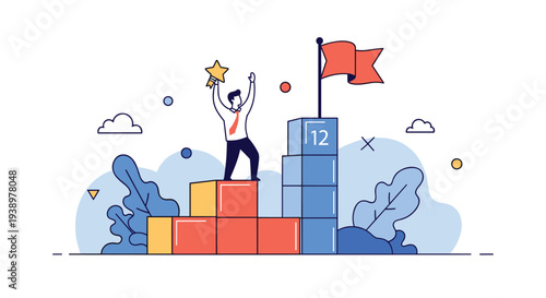 Successful professional reaching the top of a business career path ladder holding a trophy prize and a red flag.