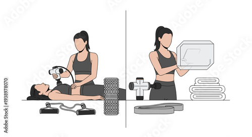 A two-panel illustration shows a woman using a massage gun for physical therapy and holding an ice pack for recovery.