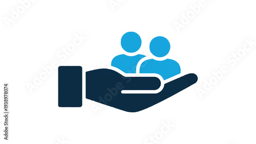 A hand gently cradles three blue figures representing people or community