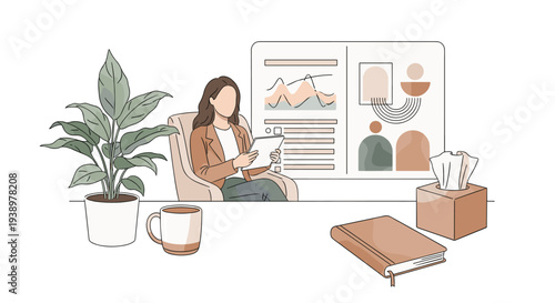 A female psychologist takes notes during a therapy session with a plant, mug, and tissues in the foreground.