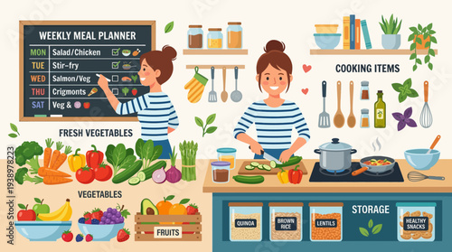 Woman planning healthy meals in modern kitchen with fresh ingredients