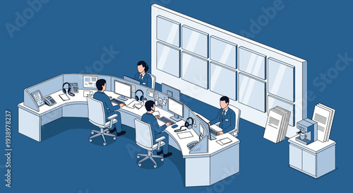 Four operators work at computer stations in a modern, blue-toned security control room with a large video wall.