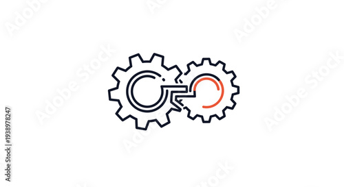 Minimalist interlocking gears icon with thin line connection representing cooperation, industrial process, and mechanical synergy.