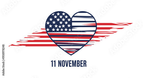 Patriotic heart shaped american flag design with eleven november text commemorating veterans day and honoring military service.